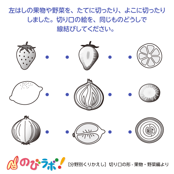 やってみよう 切り口の形 果物 野菜編 の問題3 のびラボ 幼児教材 小学校受験 学習プリントのダウンロード販売